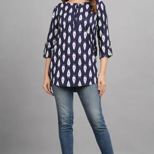 Women’s Blue Printed Cotton Short Kurti – Stylish Designer Kurta for Jeans | XL Size | Casual & Work Wear