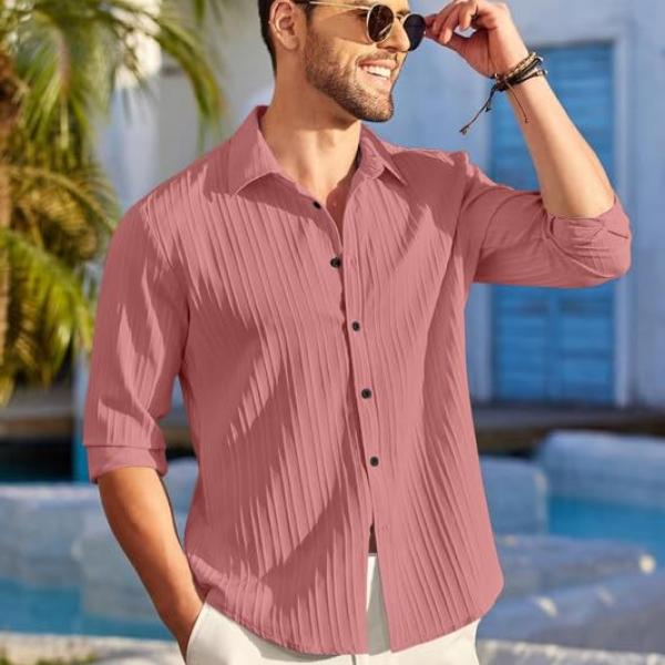 Men’s Casual Textured Cotton Button-Down Shirt – Long Sleeve Lightweight Popcorn Fabric Summer Shirt