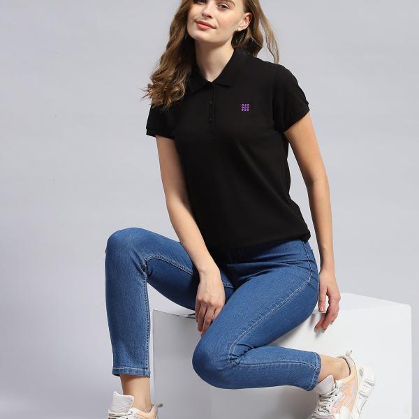 Women’s Black Solid Polo Collar Half Sleeve Smart Fit T-Shirt