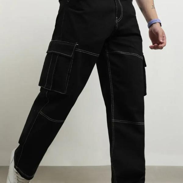 Men’s Lightly Washed Relaxed Fit Cargo Jeans – Mid-Rise, Full-Length Utility Denim (Black)