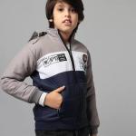 Boys Stylish Full Sleeve Winter Hoodie Jacket – Warm Pullover with Cap (Grey–Navy Blue)