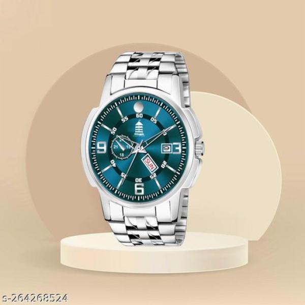 Light House Men’s Premium Analog Watch with Green Dial & Stainless Steel Chain | Day & Date Function | Stylish Wristwatch for Men & Boys