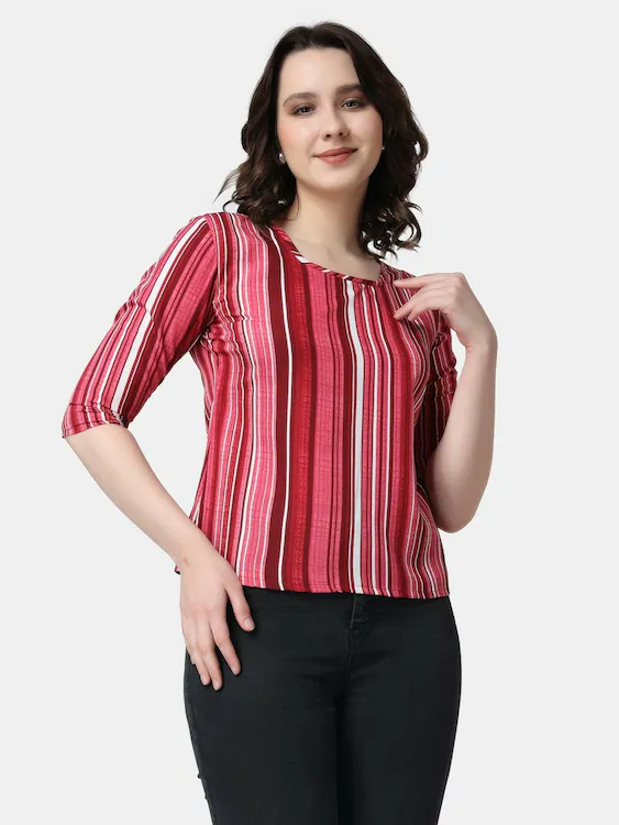UrbanTraders Casual Women’s Pink Striped Printed Top | 3/4th Sleeves | Stylish Round Neck Top | Latest Trendy Tops for Women