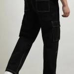 Men’s Lightly Washed Relaxed Fit Cargo Jeans – Mid-Rise, Full-Length Utility Denim (Black)