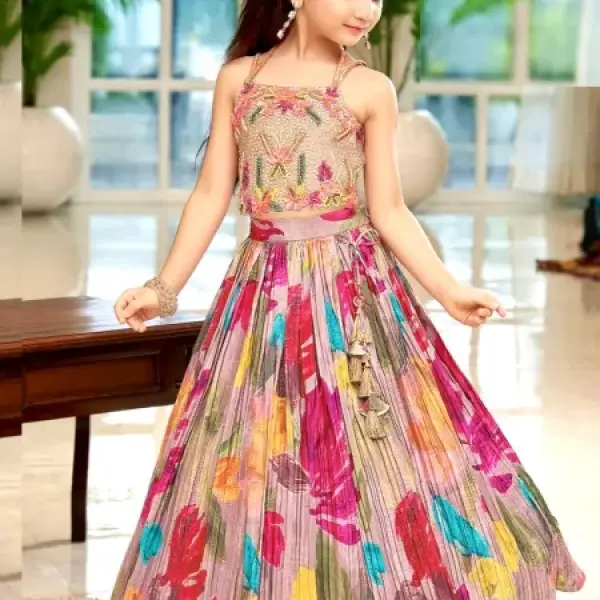 Peach Chinon Silk Digital Print Kids Lehenga Choli – Readymade Festive & Wedding Wear