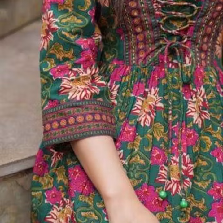 Green Floral Printed Short Kurti with Neck Lace – Rayon Three-Quarter Sleeve Top