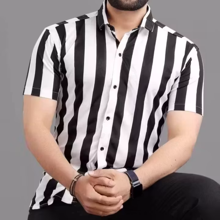 Men’s Premium Striped Lycra Partywear Shirt – Short Sleeve, Slim Fit & Stylish Design