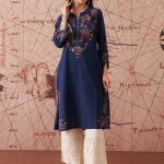 Women’s Royal Blue Embroidered Cotton Slub Kurti – Festive Ethnic Wear
