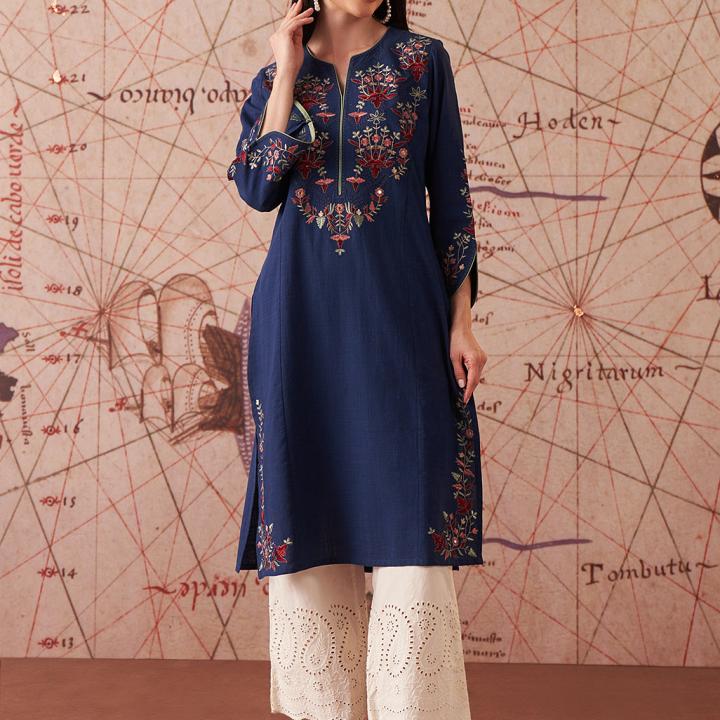 Women’s Royal Blue Embroidered Cotton Slub Kurti – Festive Ethnic Wear