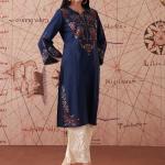 Women’s Royal Blue Embroidered Cotton Slub Kurti – Festive Ethnic Wear