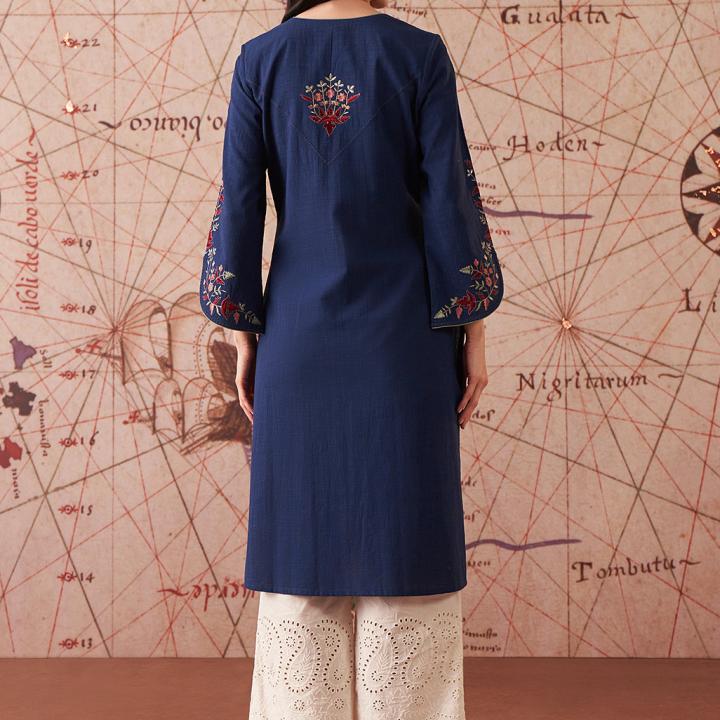 Women’s Royal Blue Embroidered Cotton Slub Kurti – Festive Ethnic Wear