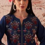Women’s Royal Blue Embroidered Cotton Slub Kurti – Festive Ethnic Wear