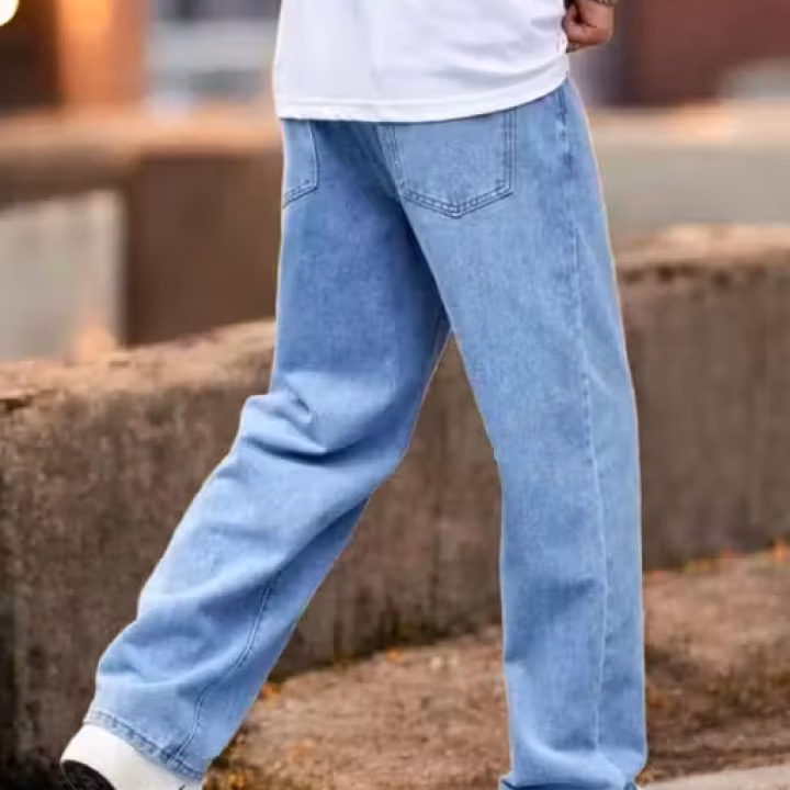 Sky Blue Straight Fit Jeans for Men | Loose Baggy Denim | Mid Rise Casual Wear