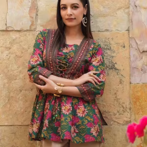 Green Floral Printed Short Kurti with Neck Lace – Rayon Three-Quarter Sleeve Top