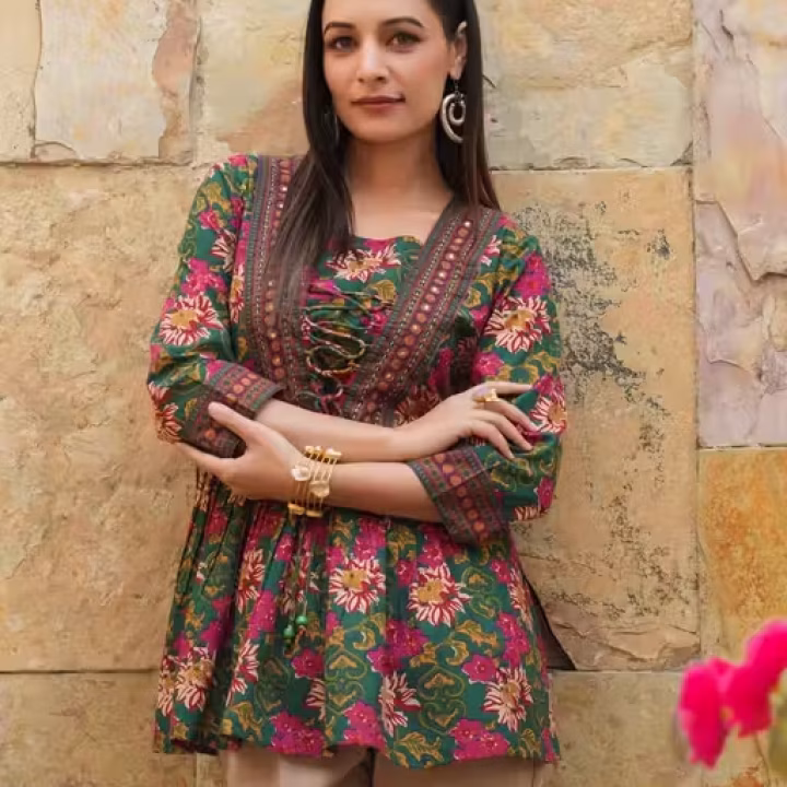 Green Floral Printed Short Kurti with Neck Lace – Rayon Three-Quarter Sleeve Top