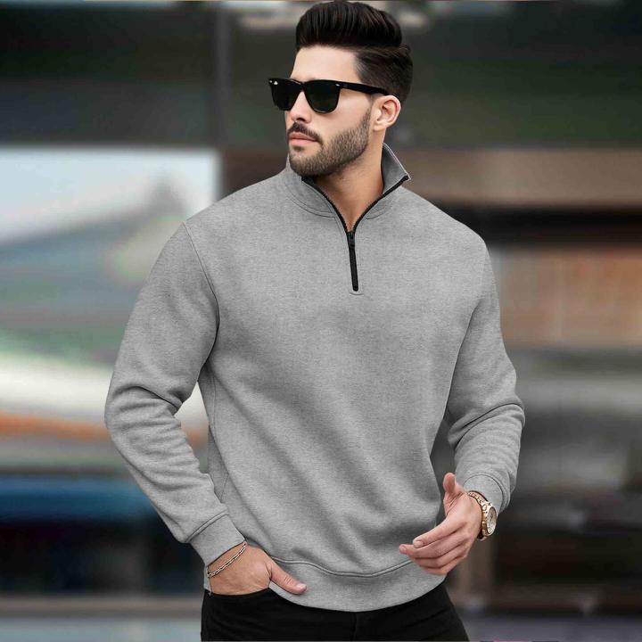 Men’s Plain High-Neck Zipper Sweatshirt – Grey | Casual Winter Wear | Full Sleeves