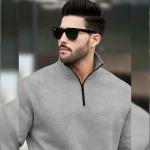 Men’s Plain High-Neck Zipper Sweatshirt – Grey | Casual Winter Wear | Full Sleeves