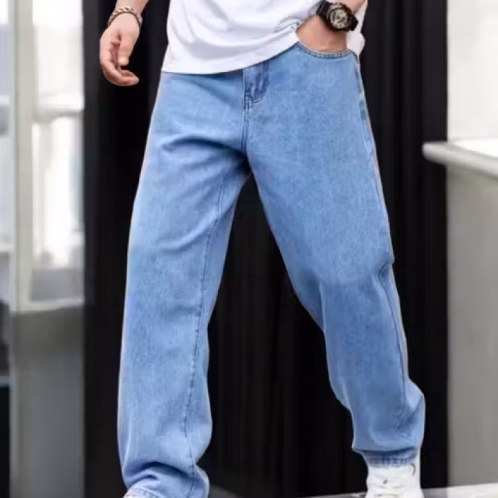 Sky Blue Straight Fit Jeans for Men | Loose Baggy Denim | Mid Rise Casual Wear