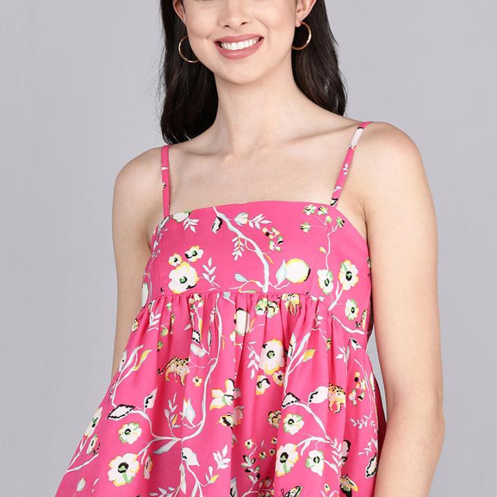 Women’s Pink Georgette Floral Print Crop Top with Adjustable Shoulder Straps