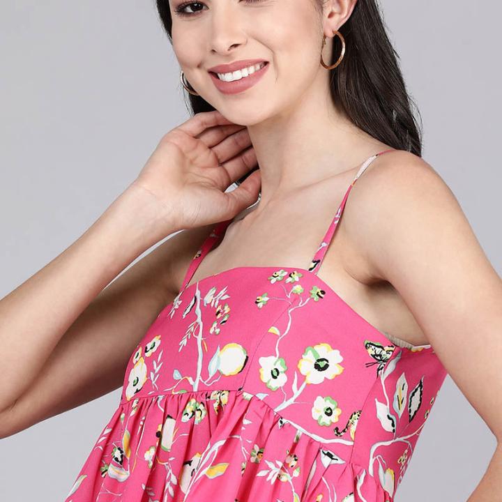 Women’s Pink Georgette Floral Print Crop Top with Adjustable Shoulder Straps