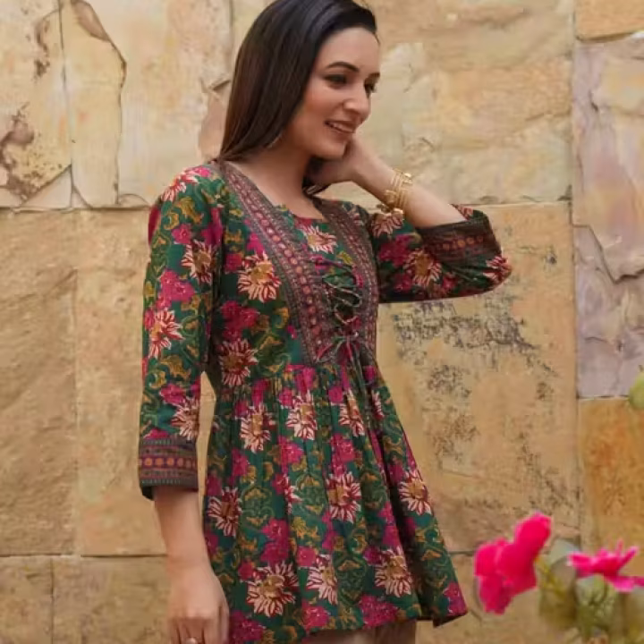 Green Floral Printed Short Kurti with Neck Lace – Rayon Three-Quarter Sleeve Top