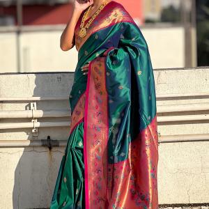 Teal Green Soft Silk South Indian Saree for Women with Brocade Blouse Piece