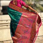 Teal Green Soft Silk South Indian Saree for Women with Brocade Blouse Piece