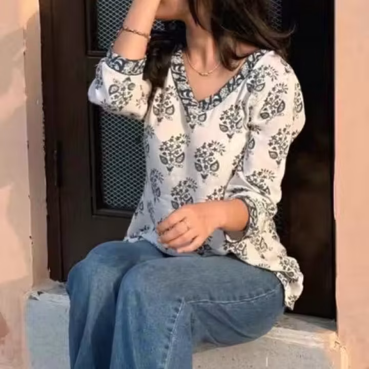 Women’s Pure Cotton White V-Neck Short Kurti with Blue Floral Print & Lace Detailing