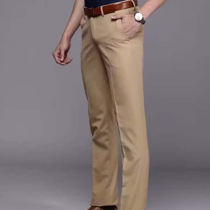 Men’s Solid Beige Slim Fit Polyester Trousers | Formal & Office Wear Pants for Men
