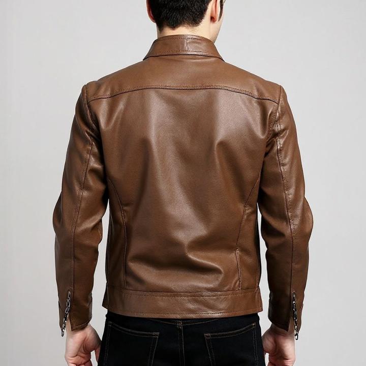 Men’s Brown Solid Leather Jacket with Mock Collar & Zip Closure – Classic Winter Style