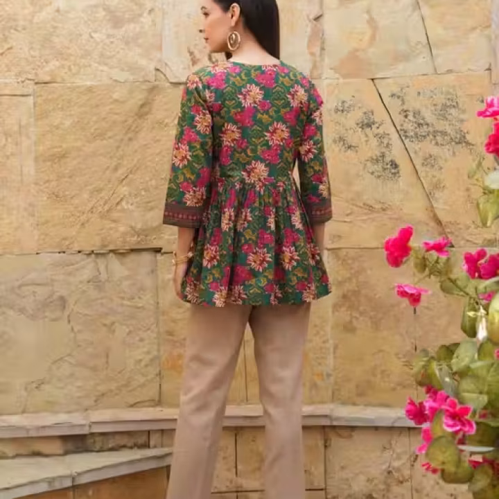 Green Floral Printed Short Kurti with Neck Lace – Rayon Three-Quarter Sleeve Top